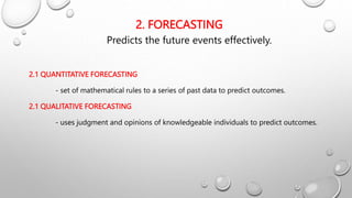 2. FORECASTING
Predicts the future events effectively.
2.1 QUANTITATIVE FORECASTING
- set of mathematical rules to a series of past data to predict outcomes.
2.1 QUALITATIVE FORECASTING
- uses judgment and opinions of knowledgeable individuals to predict outcomes.
 