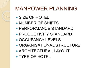 MANPOWER PLANNING
 SIZE OF HOTEL
 NUMBER OF SHIFTS
 PERFORMANCE STANDARD
 PRODUCTIVITY STANDARD
 OCCUPANCY LEVELS
 ORGANISATIONAL STRUCTURE
 ARCHITECTURAL LAYOUT
 TYPE OF HOTEL
 