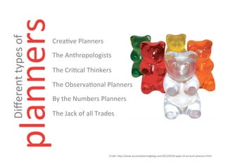 Creative Planners
The Anthropologists
The Critical Thinkers
The Observational Planners
By the Numbers Planners
The Jack of...