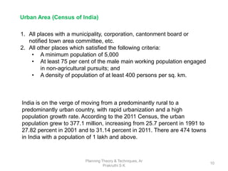 Planning Theory & Techniques, Ar
Prakruthi S K
10
Urban Area (Census of India)
India is on the verge of moving from a predominantly rural to a
predominantly urban country, with rapid urbanization and a high
population growth rate. According to the 2011 Census, the urban
population grew to 377.1 million, increasing from 25.7 percent in 1991 to
27.82 percent in 2001 and to 31.14 percent in 2011. There are 474 towns
in India with a population of 1 lakh and above.
1. All places with a municipality, corporation, cantonment board or
notified town area committee, etc.
2. All other places which satisfied the following criteria:
• A minimum population of 5,000
• At least 75 per cent of the male main working population engaged
in non-agricultural pursuits; and
• A density of population of at least 400 persons per sq. km.
 