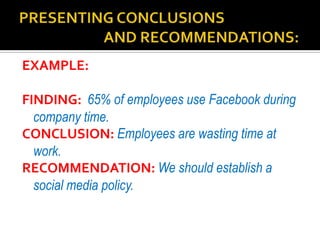EXAMPLE:
FINDING: 65% of employees use Facebook during
company time.
CONCLUSION: Employees are wasting time at
work.
RECOMMENDATION: We should establish a
social media policy.

 