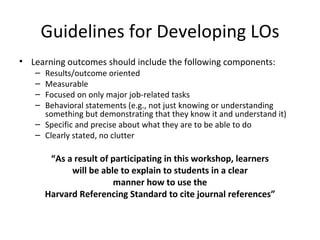 Guidelines for Developing LOs Learning outcomes should include the following components: Results/outcome oriented Measurable Focused on only major job-related tasks Behavioral statements (e.g., not just knowing or understanding something but demonstrating that they know it and understand it) Specific and precise about what they are to be  able to do Clearly stated, no clutter “ As a result of participating in this workshop, learners will be able to explain to students in a clear manner how to use the Harvard Referencing Standard to cite journal references” 