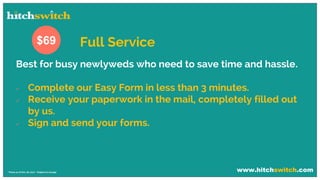 www.hitchswitch.com* Prices as of Dec 28, 2017 - Subject to change
Best for busy newlyweds who need to save time and hassle.
 Complete our Easy Form in less than 3 minutes.
 Receive your paperwork in the mail, completely filled out
by us.
 Sign and send your forms.
$69 Full Service
 