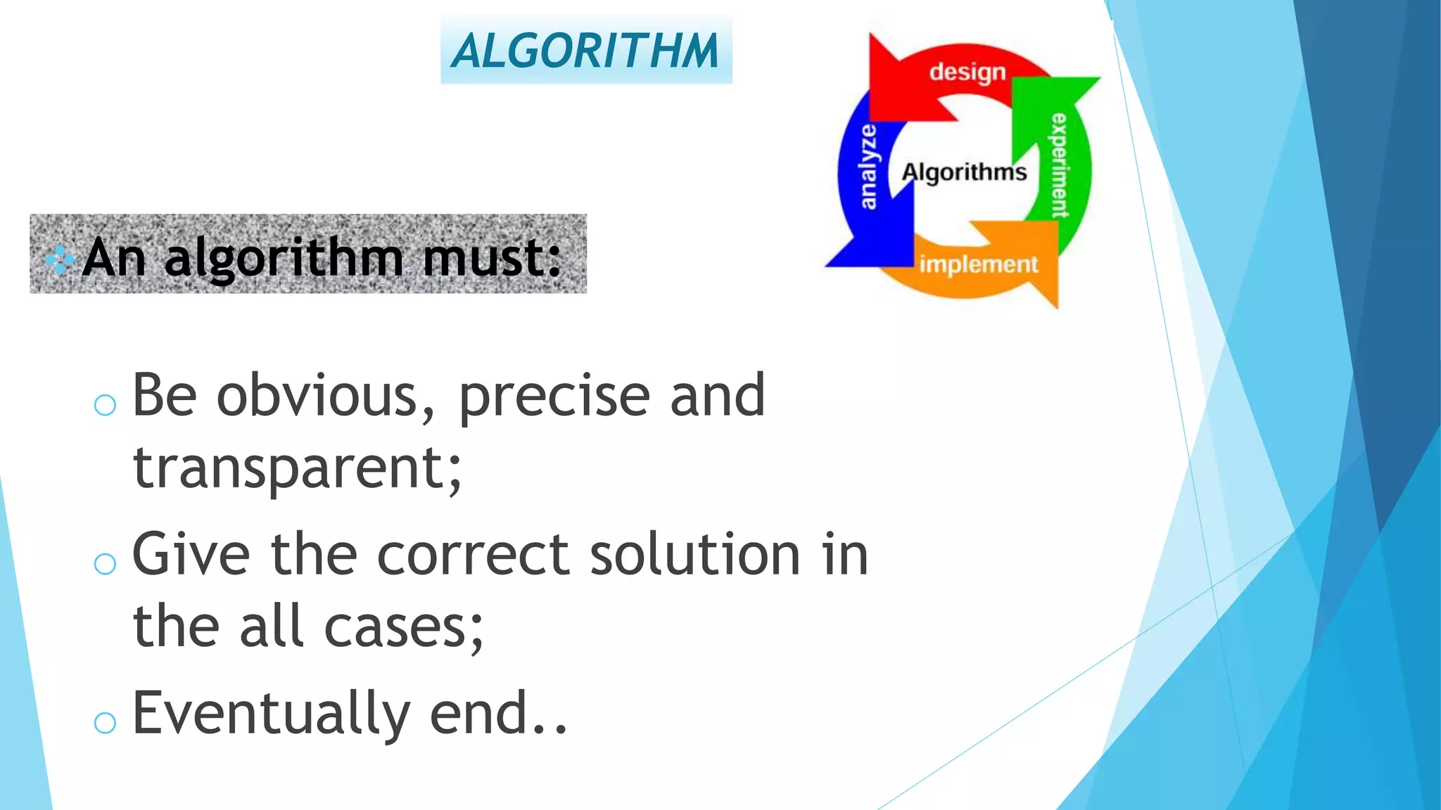 ALGORITHM
An algorithm must:
o Be obvious, precise and
transparent;
o Give the correct solution in
the all cases;
o Eventually end..
 