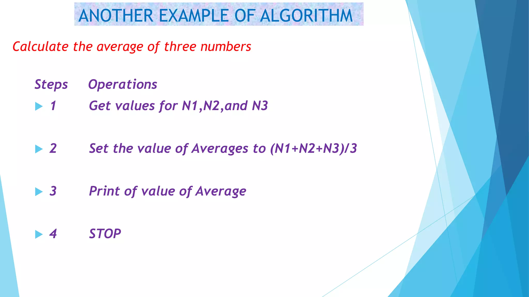 ANOTHER EXAMPLE OF ALGORITHM
Calculate the average of three numbers
Steps Operations
 1 Get values for N1,N2,and N3
 2 Set the value of Averages to (N1+N2+N3)/3
 3 Print of value of Average
 4 STOP
 