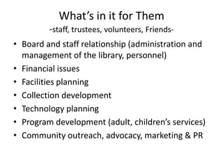 What’s in it for Them
         -staff, trustees, volunteers, Friends-
• Board and staff relationship (administration and
  management of the library, personnel)
• Financial issues
• Facilities planning
• Collection development
• Technology planning
• Program development (adult, children’s services)
• Community outreach, advocacy, marketing & PR
 