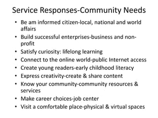 Service Responses-Community Needs
• Be am informed citizen-local, national and world
  affairs
• Build successful enterprises-business and non-
  profit
• Satisfy curiosity: lifelong learning
• Connect to the online world-public Internet access
• Create young readers-early childhood literacy
• Express creativity-create & share content
• Know your community-community resources &
  services
• Make career choices-job center
• Visit a comfortable place-physical & virtual spaces
 