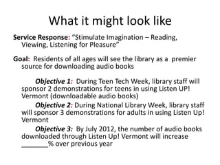 What it might look like
Service Response: “Stimulate Imagination – Reading,
  Viewing, Listening for Pleasure”
Goal: Residents of all ages will see the library as a premier
  source for downloading audio books
       Objective 1: During Teen Tech Week, library staff will
  sponsor 2 demonstrations for teens in using Listen UP!
  Vermont (downloadable audio books)
       Objective 2: During National Library Week, library staff
  will sponsor 3 demonstrations for adults in using Listen Up!
  Vermont
       Objective 3: By July 2012, the number of audio books
  downloaded through Listen Up! Vermont will increase
  _______% over previous year
 