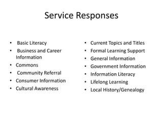 Service Responses

• Basic Literacy         •   Current Topics and Titles
• Business and Career    •   Formal Learning Sup...