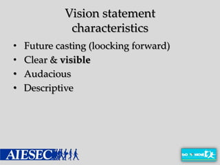 Vision statement
              characteristics
•   Future casting (loocking forward)
•   Clear & visible
•   Audacious
•   Descriptive
 