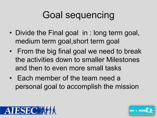 Goal sequencing
• Divide the Final goal in : long term goal,
  medium term goal,short term goal
• From the big final goal we need to break
  the activities down to smaller Milestones
  and then to even more small tasks
• Each member of the team need a
  personal goal to accomplish the mission
 