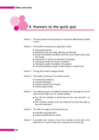 Reflect and review
96
6 Answers to the quick quiz
Answer 1 The main purpose of work training is to improve the effectiveness of people
at work.
Answer 2 The benefits of training to the organization include:
䊏 reducing learning time;
䊏 getting jobs done more safely, efficiently and effectively;
䊏 having a more flexible and efficient work force, that is better able to cope
with change;
䊏 improvement in morale and motivation of employees;
䊏 reducing the number of customer complaints;
䊏 reducing the number of problems with suppliers;
䊏 increased profitability through increased output or reduced costs.
Answer 3 Training often involves changing attitudes.
Answer 4 The benefits of training to the individual include:
䊏 increased job satisfaction;
䊏 improved self-esteem;
䊏 a greater potential for promotion;
䊏 increased opportunities.
Answer 5 The performance gap is the difference between the way things are and the
way you’d like things to be. For example between:
䊏 how well the workteam is performing and how well you’d like it to
perform;
䊏 what workteam members know and understand and what they ought to
know and understand.
Answer 6 The other two stages of the training cycle are:
䊏 make plans and preparations;
䊏 evaluate and feed back the results.
Answer 7 A versatility chart contains a list of team members and the jobs of the
department. It is used to show who is competent to do which jobs.
 