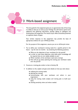 Performance checks
85
3 Work-based assignment
60 mins
The time guide for this assignment gives you an approximate idea of how long
it is likely to take you to write up your findings.You will need to spend some
additional time gathering information, perhaps talking to colleagues and
thinking about the assignment.The results of your efforts should be presented
on separate sheets of paper.
Your written response to this assignment may provide the basis of
appropriate evidence for your S/NVQ portfolio.
For the purpose of this assignment, assume you are an off-the-job trainer.
1 Try to define your workteam’s training needs for a specific period in the
future – say the next six months – by answering the following questions.
䊏 What are the objectives of your workteam for this period?
䊏 In order to meet these objectives, what skills and/or knowledge will
be required that are not readily available to you?
䊏 Which members of the workteam need extra training?
䊏 How will you go about planning the training your workteam needs
over this period?
2 Construct a training plan similar to that in Activity 38.
3 In addition to this, explain and give some details on how you went about:
䊏 analysing the training needs;
䊏 planning the training;
䊏 communicating with your workteam and others in your
organization;
䊏 using the training needs analysis and training plan to build your
team;
䊏 showing sensitivity when and where needed.
S/NVQ C9.1,
C9.3
 