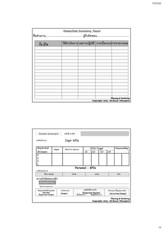 15/03/58
19
Weekly/Daily Scheduling Report
ชื่อฝายงาน ผูรับผิดชอบ
To Do
List
การรายงานผลวิธีดําเนินการ ผลการปฏิบัติ การเบี่ยงเบน
Planning & Monitoring
Copyright 2015 : Dr.Danai Thienphut
Division ScorecardDivision Scorecard หนาที่หนาที่// ภารกิจภารกิจ
Dept- KPIs
วัตถุประสงค
เชิงกลยุทธ
กลยุทธกลยุทธ โครงการโครงการ// แผนงานแผนงาน Responsibility(KPIs) Target
Q1 Q2 Q3 Q4
ระดับฝายงาน
F
C
I
L
Personal - KPIs
ั ิ ั
ชื่อ-นามสกุล หนวย ฝายแผนก
ระดับหนวยงาน
ความรบผิดชอบหลก
ผลลัพธที่คาดหวังวัตถุประสงคสวนบุคคล
เริ่มโครงการ
กิจกรรม/ ขั้นตอนการทํางบประมาณ
(Personal
Objectives/Target)
(Budget) (Activities/Steps)สิ้นสุดโครงการ
สนับสนุนตอกลยุทธสนับสนุนตอกลยุทธ
โครงการ/แผนงาน
(Expected Results)
Planning & Monitoring
Copyright 2015 : Dr.Danai Thienphut
 