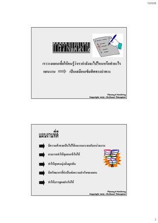 15/03/58
2
เราวางแผนเพื่อใหคนรูวาเรากําลังจะไปไหนหรือทําอะไร
แผนงาน เปนเสมือนเข็มทิศทางนําทาง
Planning & Monitoring
Copyright 2015 : Dr.Danai Thienphut
มีความทาทายเปนไปไดและเหมาะสมกับหนวยงาน
สามารถทําใหทุกคนเขาใจได
ทําใหทุกคนมุงมั่นผูกพัน
ี ั ี่ ํ ป  ํ ็มทรพยากรทจาเปนตอความสาเรจของแผน
ทําใหบรรลุผลสําเร็จได
Planning & Monitoring
Copyright 2015 : Dr.Danai Thienphut
 