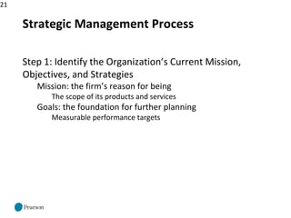 21
Strategic Management Process
Step 1: Identify the Organization’s Current Mission,
Objectives, and Strategies
Mission: the firm’s reason for being
The scope of its products and services
Goals: the foundation for further planning
Measurable performance targets
 