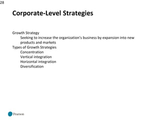 28
Corporate-Level Strategies
Growth Strategy
Seeking to increase the organization’s business by expansion into new
products and markets
Types of Growth Strategies
Concentration
Vertical integration
Horizontal integration
Diversification
 