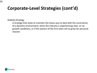 29
Corporate-Level Strategies (cont’d)
Stability Strategy
A strategy that seeks to maintain the status quo to deal with the uncertainty
of a dynamic environment, when the industry is experiencing slow- or no-
growth conditions, or if the owners of the firm elect not to grow for personal
reasons
 
