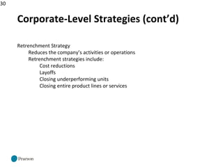 30
Corporate-Level Strategies (cont’d)
Retrenchment Strategy
Reduces the company’s activities or operations
Retrenchment strategies include:
Cost reductions
Layoffs
Closing underperforming units
Closing entire product lines or services
 