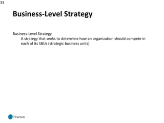 33
Business-Level Strategy
Business-Level Strategy
A strategy that seeks to determine how an organization should compete in
each of its SBUs (strategic business units)
 