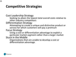 35
Competitive Strategies
Cost Leadership Strategy
Seeking to attain the lowest total overall costs relative to
other industry competitors
Differentiation Strategy
Attempting to create a unique and distinctive product or
service for which customers will pay a premium
Focus Strategy
Using a cost or differentiation advantage to exploit a
particular market segment rather than a larger market
Stuck in the Middle
Organizations that are unable to develop a cost or
differentiation advantage
 