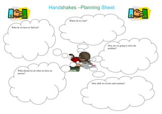 Handshakes –Planning Sheet
What should we do when we have an
answer?
How shall we review and continue?
How are we going to solve the
problem?
Where do we start?
What do we have to find out?
 
