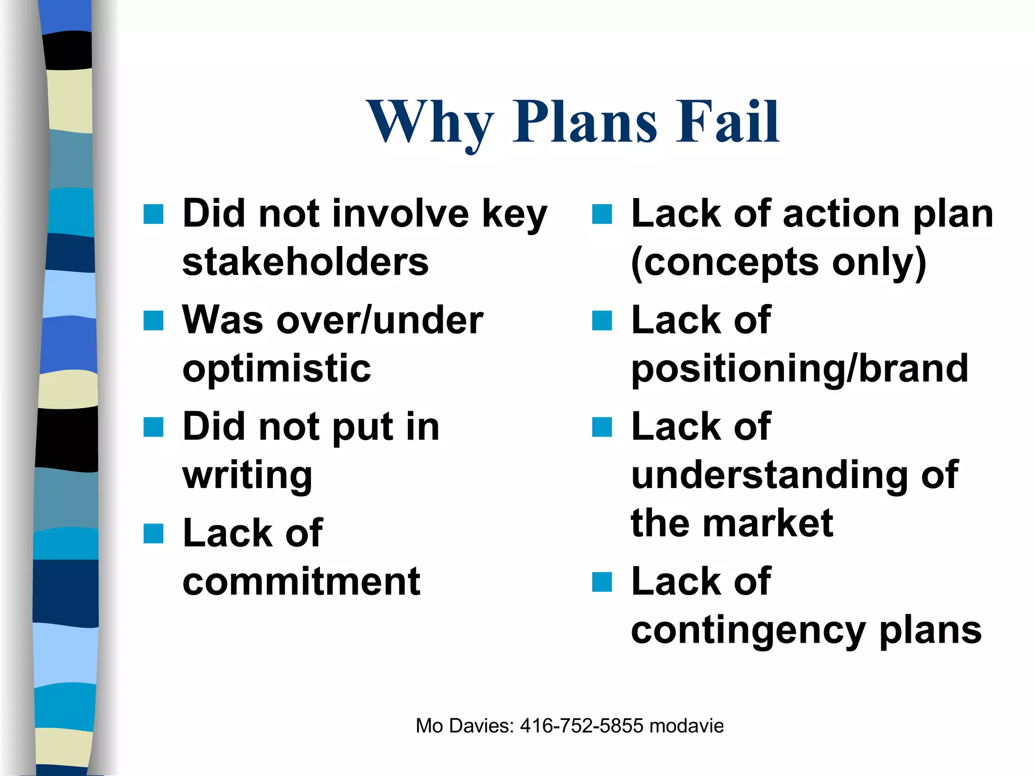 Why Plans Fail Did not involve key stakeholders Was over/under optimistic Did not put in writing Lack of commitment Lack of action plan (concepts only) Lack of positioning/brand Lack of understanding of the market Lack of contingency plans 