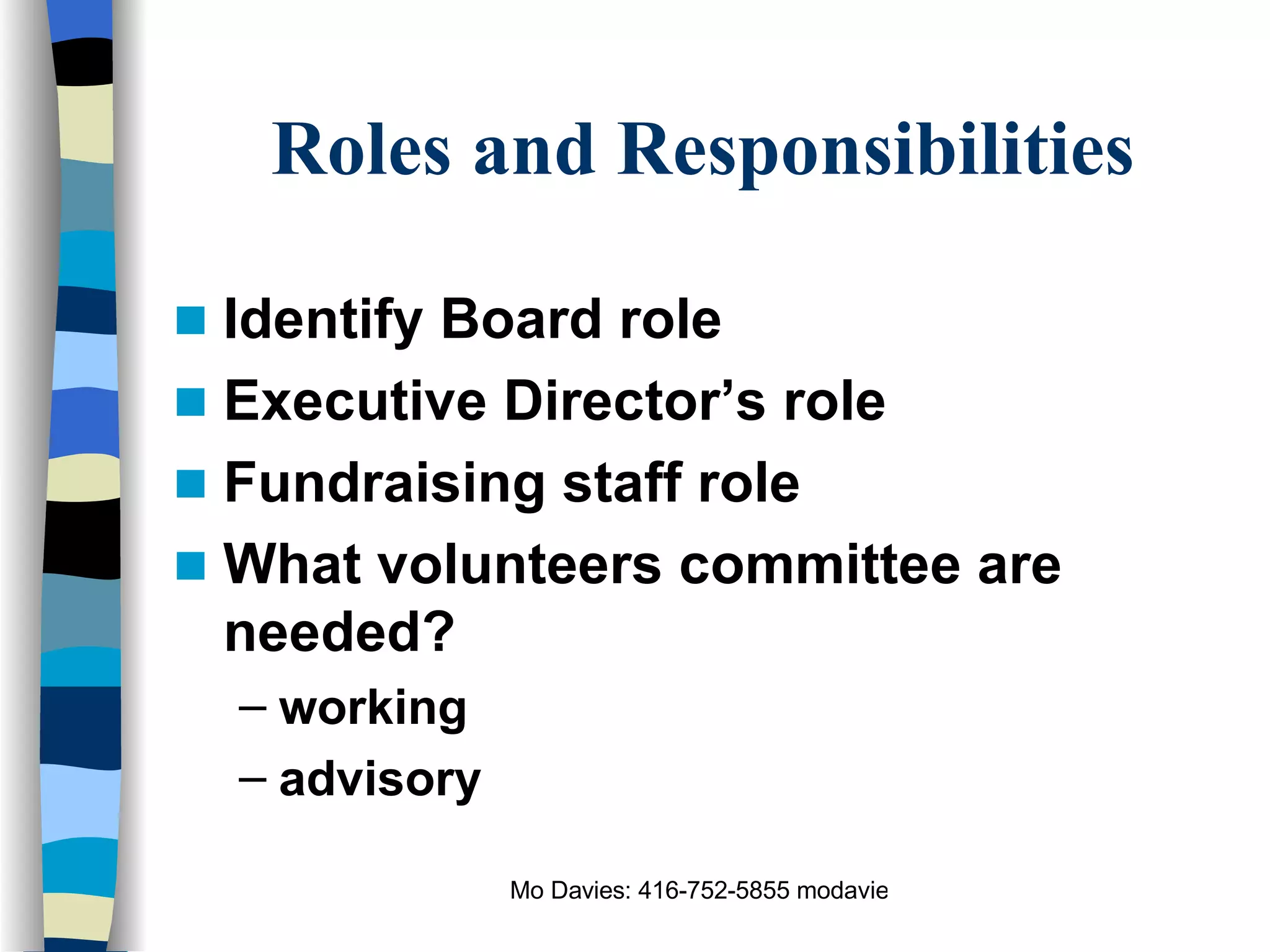 Roles and Responsibilities Identify Board role Executive Director’s role Fundraising staff role What volunteers committee are needed? working advisory 