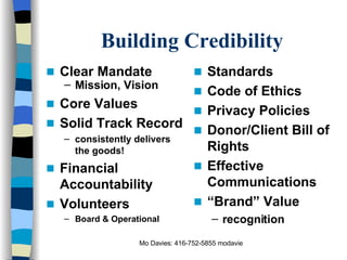 Building Credibility Clear Mandate Mission, Vision Core Values Solid Track Record consistently delivers the goods! Financial Accountability Volunteers Board & Operational Standards Code of Ethics Privacy Policies Donor/Client Bill of Rights Effective Communications “ Brand” Value recognition 