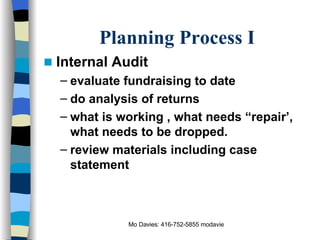 Planning Process I Internal Audit evaluate fundraising to date do analysis of returns what is working , what needs “repair’, what needs to be dropped. review materials including case statement 