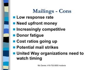 Mailings - Cons Low response rate Need upfront money Increasingly competitive Donor fatigue Cost ratios going up Potential mail strikes United Way organizations need to watch timing 