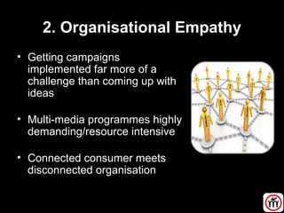 2. Organisational Empathy
• Getting campaigns
implemented far more of a
challenge than coming up with
ideas
• Multi-media programmes highly
demanding/resource intensive
• Connected consumer meets
disconnected organisation
 