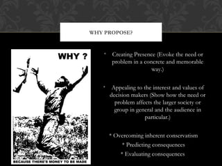 WHY PROPOSE?


    • Creating Presence (Evoke the need or
      problem in a concrete and memorable
                      way.)

   • Appealing to the interest and values of
     decision makers (Show how the need or
       problem affects the larger society or
       group in general and the audience in
                   particular.)

     * Overcoming inherent conservatism
          * Predicting consequences
         * Evaluating consequences
 