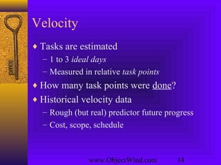 www.ObjectWind.com 14
Velocity
♦ Tasks are estimated
– 1 to 3 ideal days
– Measured in relative task points
♦ How many task points were done?
♦ Historical velocity data
– Rough (but real) predictor future progress
– Cost, scope, schedule
 