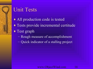 www.ObjectWind.com 16
Unit Tests
♦ All production code is tested
♦ Tests provide incremental certitude
♦ Test graph
– Rough measure of accomplishment
– Quick indicator of a stalling project
 