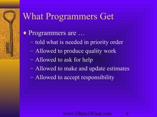 www.ObjectWind.com 6
What Programmers Get
♦ Programmers are …
– told what is needed in priority order
– Allowed to produce quality work
– Allowed to ask for help
– Allowed to make and update estimates
– Allowed to accept responsibility
 