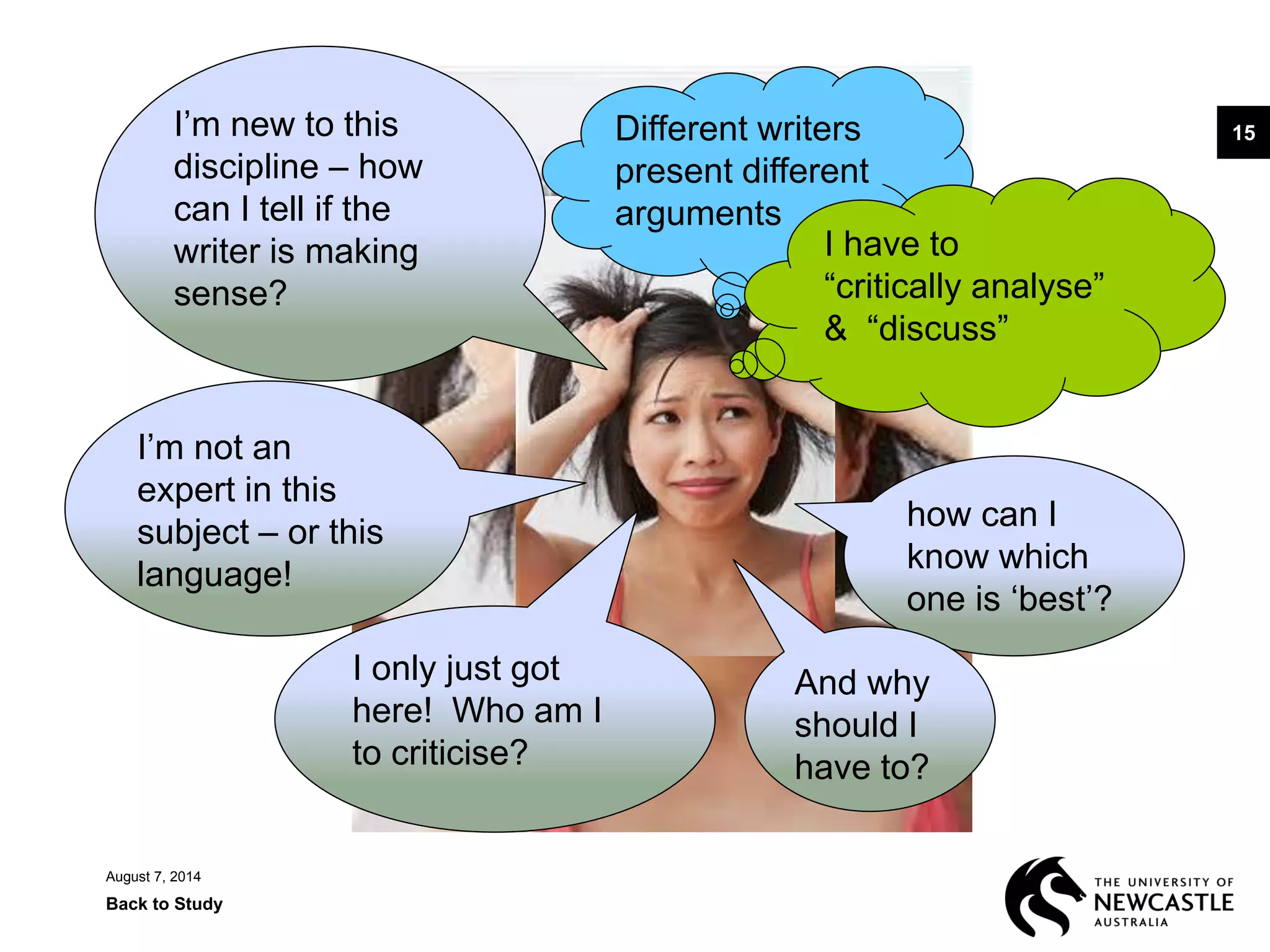 August 7, 2014
Back to Study
15Different writers
present different
arguments
how can I
know which
one is ‘best’?
And why
should I
have to?
I only just got
here! Who am I
to criticise?
I’m not an
expert in this
subject – or this
language!
I’m new to this
discipline – how
can I tell if the
writer is making
sense?
I have to
“critically analyse”
& “discuss”
 