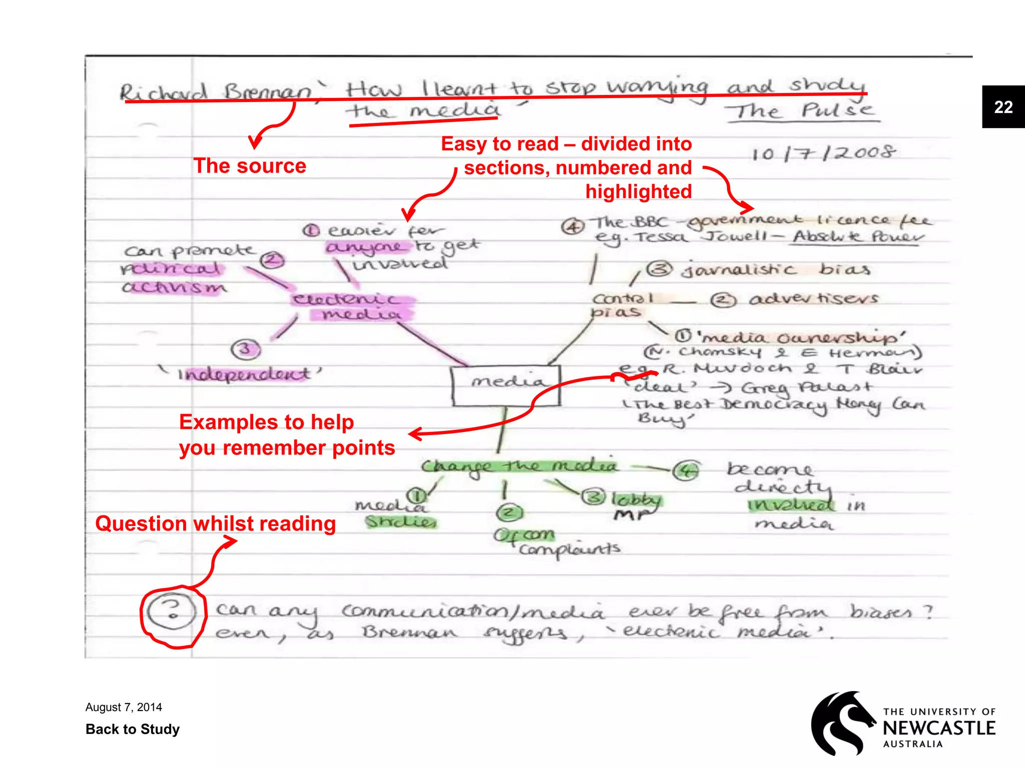 5
August 7, 2014
Back to Study
22
Question whilst reading
Examples to help
you remember points
The source
Easy to read – divided into
sections, numbered and
highlighted
 
