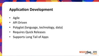 Applica:on	
  Development	
  
•  Agile	
  
•  API	
  Driven	
  
•  Polyglot	
  (language,	
  technology,	
  data)	
  
•  Requires	
  Quick	
  Releases	
  
•  Supports	
  Long	
  Tail	
  of	
  Apps	
  
 