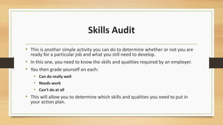Skills Audit 
• This is another simple activity you can do to determine whether or not you are 
ready for a particular job and what you still need to develop. 
• In this one, you need to know the skills and qualities required by an employer. 
• You then grade yourself on each: 
• Can do really well 
• Needs work 
• Can’t do at all 
• This will allow you to determine which skills and qualities you need to put in 
your action plan. 
 
