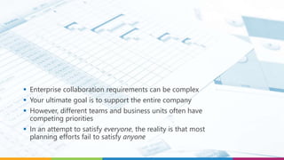  Enterprise collaboration requirements can be complex
 Your ultimate goal is to support the entire company
 However, different teams and business units often have
competing priorities
 In an attempt to satisfy everyone, the reality is that most
planning efforts fail to satisfy anyone
 