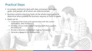 Practical Steps
 A complex method to deal with data, processes, strategies,
goals, and people, all of which are interconnected.
 Business systems planning looks at the whole organization to
determine what systems the business requires to fulfill its goals.
 Goals are to:
 Understand the issues and opportunities with the current
applications, data architecture
 Develop a future state – and a migration path that supports
the enterprise
 Provide a direction and decision-making framework
 Generate a blueprint for development
 