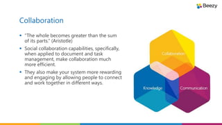 Collaboration
 “The whole becomes greater than the sum
of its parts.” (Aristotle)
 Social collaboration capabilities, specifically,
when applied to document and task
management, make collaboration much
more efficient.
 They also make your system more rewarding
and engaging by allowing people to connect
and work together in different ways.
 