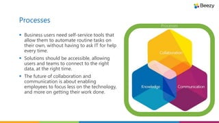 Processes
 Business users need self-service tools that
allow them to automate routine tasks on
their own, without having to ask IT for help
every time.
 Solutions should be accessible, allowing
users and teams to connect to the right
data, at the right time.
 The future of collaboration and
communication is about enabling
employees to focus less on the technology,
and more on getting their work done.
Processes
 