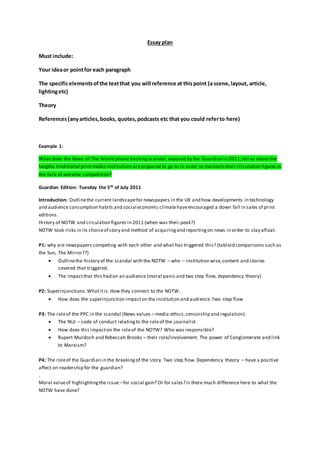 Essay plan
Must include:
Your ideaor pointfor each paragraph
The specificelementsofthe textthat you will reference at this...
