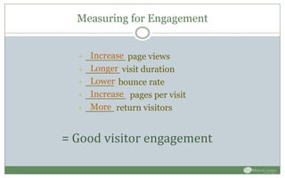  _______ page views
 ______ visit duration
 _____ bounce rate
 _______ pages per visit
 _____ return visitors
Increase
Longer
Lower
Increase
More
Measuring for Engagement
= Good visitor engagement
 