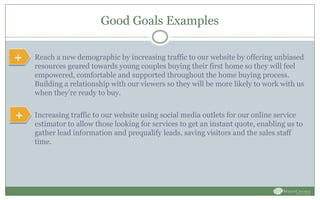 Good Goals Examples
 Reach a new demographic by increasing traffic to our website by offering unbiased
resources geared towards young couples buying their first home so they will feel
empowered, comfortable and supported throughout the home buying process.
Building a relationship with our viewers so they will be more likely to work with us
when they’re ready to buy.
 Increasing traffic to our website using social media outlets for our online service
estimator to allow those looking for services to get an instant quote, enabling us to
gather lead information and prequalify leads, saving visitors and the sales staff
time.
+
+
 