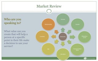 Market Review
Interests
Income
Gender
Education
Level
Communication
Style
Life Style
Age
Location
Relationship
Who are you
speaking to?
What value can you
create that will help a
person at a specific
point in their life make
a decision to use your
service?
 