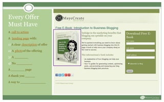 Every Offer
Must Have
A _________
A _________ with:
1) A clear ________ of offer
2) A ____ of the offering
3) A _______
4) No ________
A _______ page
A thank you _____
A way to _____________
landing page
description
photo
call to action
 