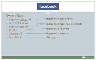  Types of ads
 Page post _____ ad
 Page post ___ ad
 Page post ___ ad
 ____ ad
 ______ ad
 Page ___ ad
photo
link
Domain
like
text
Event
Engage with page, post or website
Engage with page or post
Engage with FB event
Engage with website
Like page
 